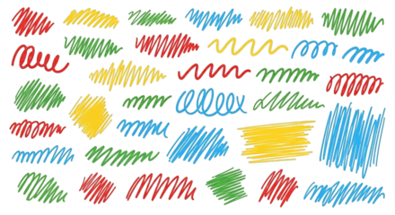 Collection of colorful scribbled lines and shapes on black background scribbles yellow