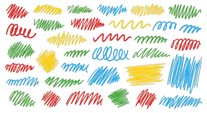 Collection of colorful scribbled lines and shapes on black background scribbles yellow