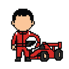 Fototapeta premium simple pixel art illustration of a of a racer with full racing suit standing beside the race car