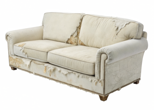 torn sofa isolated on a transparent background.