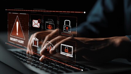 Cybersecurity threat focuses on cybersecurity, threat, and data breach with strong emphasis on...