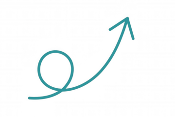 Blue arrow rising with a loop, illustrating a journey of growth, development, and navigating obstacles, on a transparent background