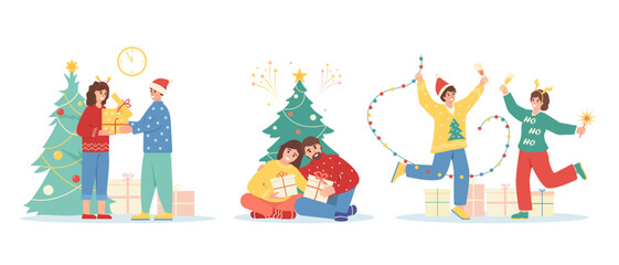 Happy smiling people celebrating Christmas or New Year. Set of men and women with gift boxes and Christmas tree. Winter holidays concept. Flat vector illustration isolated on white background.