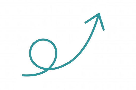 Blue arrow rising with a loop, illustrating a journey of growth, development, and navigating obstacles, on a transparent background