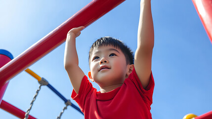 Young boy in red shirt plays on playground monkey bars with bright blue sky in background. Active child with cheerful expression. Childhood joy.