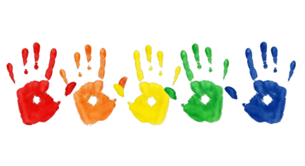 Rainbow colored handprints with exclamation marks on black background hands imprint
