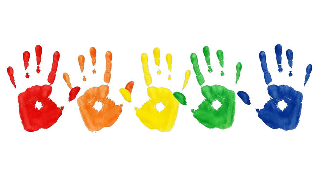 Rainbow colored handprints with exclamation marks on black background hands imprint - Powered by Adobe