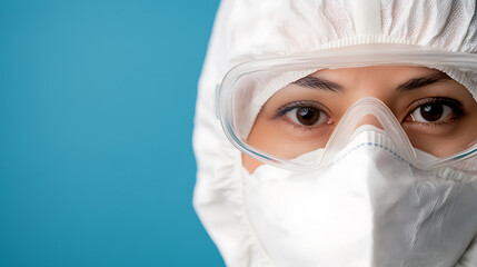 Medical worker in protective gear. Prepared for anything with safety eyewear, hood, and mask. Ready to protect public health and give medical care.