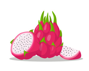 Red dragon fruit. Whole bright summer tropical Dragon fruit or Pitaya, half and piece for healthy food. Vector illustration isolated on white background.