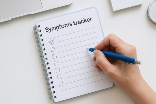 A person filling out a symptoms tracker checklist in a notebook. Medical concept for monitoring health and illness. Close-up of a hand writing in a health diary on a white desk