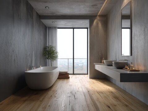 A bathroom with a large bathtub and a mirror