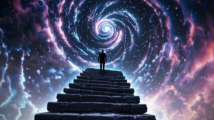 Man climbs stone stairs toward swirling galaxy portal. Cosmic silhouette stands below universe filled with stars. Fantasy vision of space journey where man faces cosmic mystery through galaxy portal - Powered by Adobe