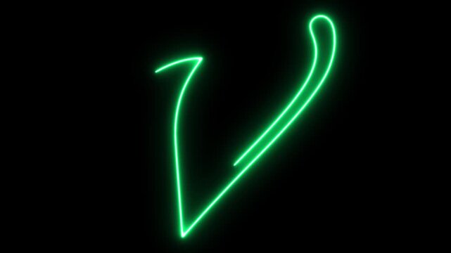 Dynamic animation of a glowing neon green letter "V" in an elegant script style, set against a dark background.