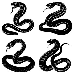 Fototapeta premium Four black snakes with forked tongues in various poses on a white background illustration style drawing