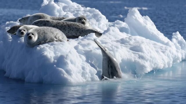 A group of seals are resting on top of a large ice block. The scene is peaceful and serene, with the seals looking out over the water