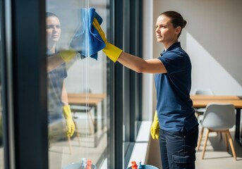 A professional cleaner wiping a glass window with a blue microfiber cloth with selective focus, focusing on cleanliness, reflection, and hygiene.