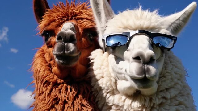 Cute fluffy llamas standing close in duo pose. Happy animals fluffy fur and funny expressions. Stylish alpacas enjoy sunny day. Llama friends posing happy, funny, cute and stylish together outdoors