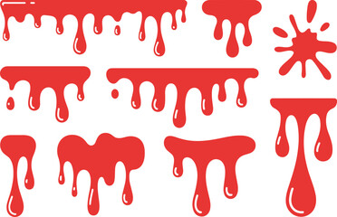 Red dripping paint and blood effect isolated on white background, glossy liquid design for horror, halloween, and artistic creative projects