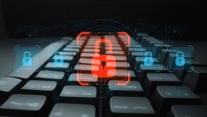 Digital security concept illustrating a cybersecurity breach, with a red unlocked padlock indicating data exposure among secure systems, emphasizing system vulnerability and risk Marrow