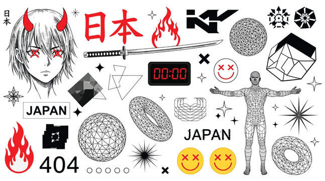 Vector art of collection of edgy japaneseinspired graphics featuring anime, katana, and glitch elements, these designs create a bold and modern aesthetic