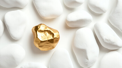 Golden nugget surrounded by white stones, creating a contrast of color, texture, and value, highlighting the unique character of the gold piece.
