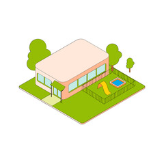 isometric suburban house with yard, fenced garden, small pool, family home exterior, residential real estate, vector design