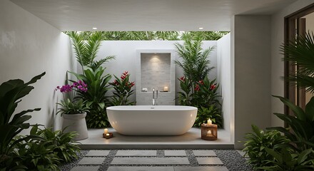Serene Outdoor Sanctuary - Freestanding Tub Amidst Lush Tropical Plants and Candlelight.
