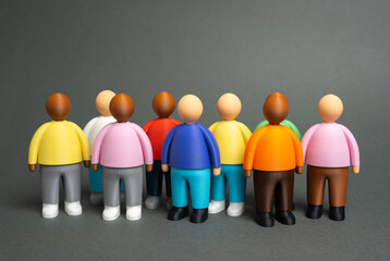 A group of people, figurines. A community, a team. Multiculturalism. A study of society. Group behavior, social structure, and human resource diversity