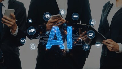 A business team engaged with smartphones and tablets, showcasing a vibrant artificial intelligence concept overlay. Experience the blend of technology and teamwork in a modern workplace. Raster