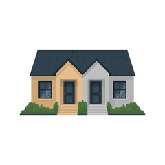 Small suburban cottage, dark roof, contrasting facade colors, trimmed bushes, centered door, classic home front, vector illustration