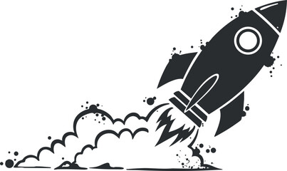 A stylized rocket launching upwards with smoke and flames, representing adventure and innovation.