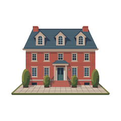 Grand colonial mansion, symmetrical windows, central doorway, dormer roofline, formal landscaping, elegant estate, residential architecture vector