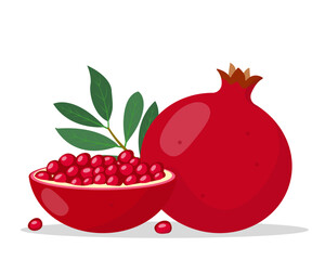 Pomegranate fruit. Whole fresh red pomegranate, half and leaves. Organic fruit for juice, vitamin healthy food. Vector icon illustration isolated on white background.