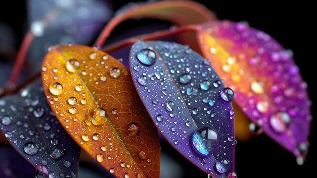 A leaf with water droplets on it. The leaf is purple, orange, and yellow. The water droplets are small and scattered