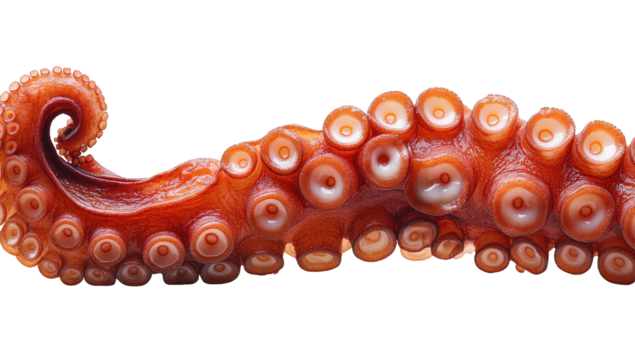 Sinuous, textured octopus tentacle with prominent suckers on black background