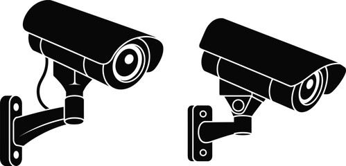 Black silhouette CCTV security cameras illustration, modern surveillance system icons for monitoring, safety, protection, wall mount, digital security concept.