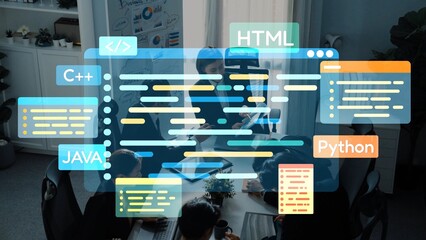 A vibrant programming session showcases a team collaborating on various coding languages like HTML, , C, and . Ideal for tech and programming themes. Raster