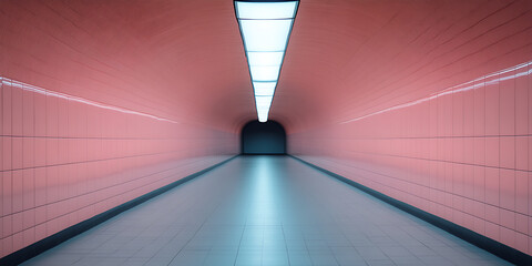 Illuminated Tunnel: A long, symmetrical corridor with pink tiled walls and a bright light, leading to a dark, undefined exit point, creating a sense of mystery.