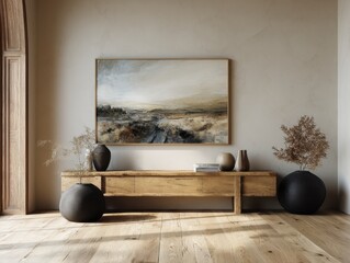 A large framed painting hangs on a wall in a room