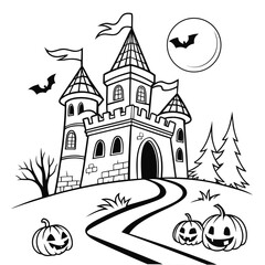 haunted castle with halloween pumpkins Vector illustration of black and white coloring page 