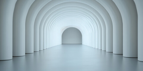 Arched hallway with repetitive white pillars creates a modern, minimalist architectural space with smooth floor. Focus on perspective and rhythmic design.