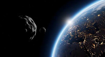Obraz premium Asteroids approaching planet Earth from space