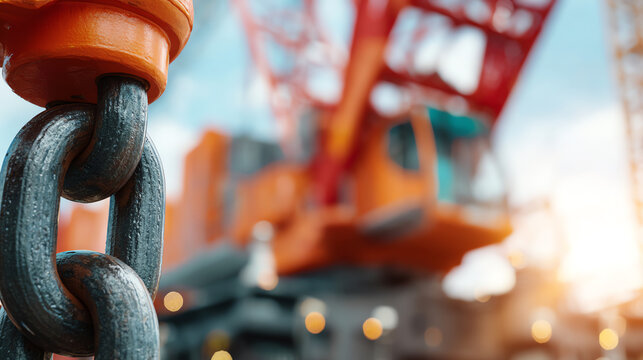A close-up view of a heavy chain linked to a crane, showcasing the strength and machinery involved in construction projects.