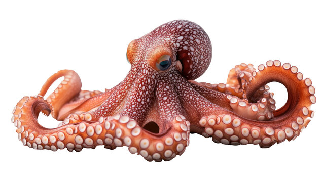 Red octopus displays eight tentacles with many suckers on a black background