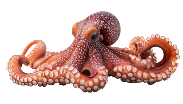 Red octopus displays eight tentacles with many suckers on a black background