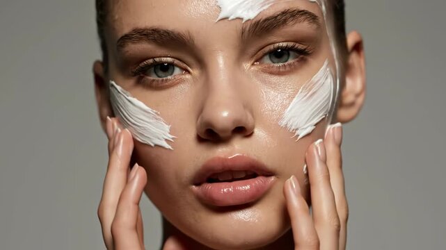 Closeup portrait of a beautiful woman with blue eyes applying white cream to her face for skincare vector illustration