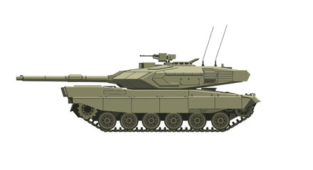 A modern main battle tank with green camouflage shown in a side profile view.