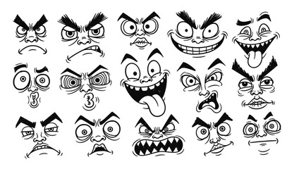Collection of black and white cartoon faces with exaggerated expressions emotion drawing