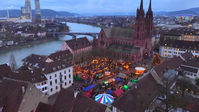 Basel Christmas Market Aerial Shot. Illuminated Basler Weihnachtsmarkt in the evening Twilights at Winter in Switzerland