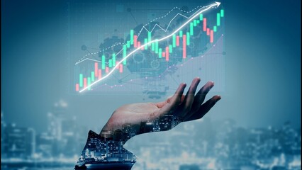 A captivating image showcasing a hand poised beneath a rising stock chart, symbolizing financial growth and investment amidst a modern cityscape at night. Copula